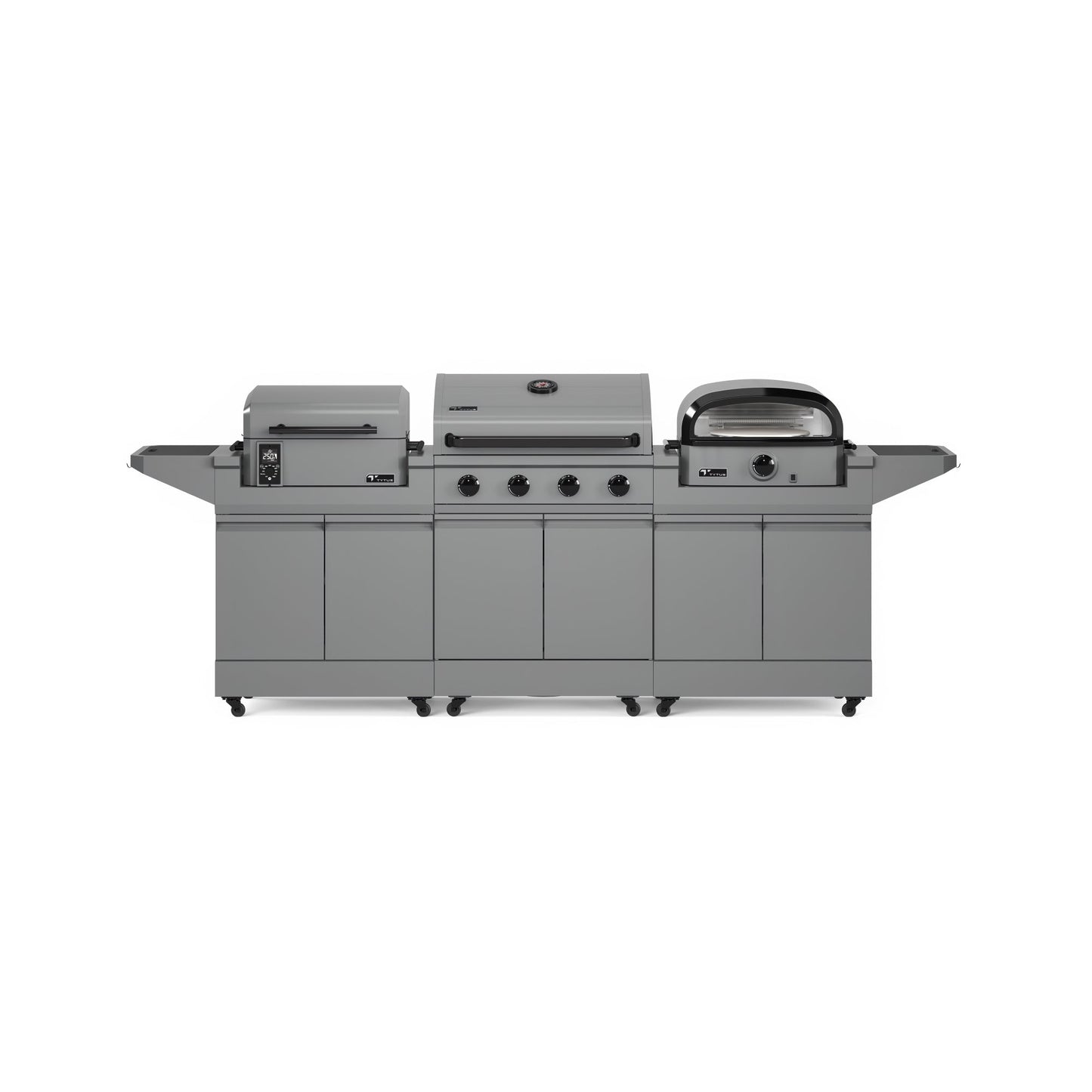 TYTUS Modular Grilling Collection 4-Burner Gas Grill, Pellet Smoker with Cart and Pizza Oven with Cart - TDT-BUN-008