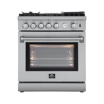 Forno 4-Piece Appliance Package - 30-Inch Gas Range with Air Fryer, Refrigerator with Water Dispenser, Wall Mount Hood, & 3-Rack Dishwasher in Stainless Steel - APW4-6276-30-H