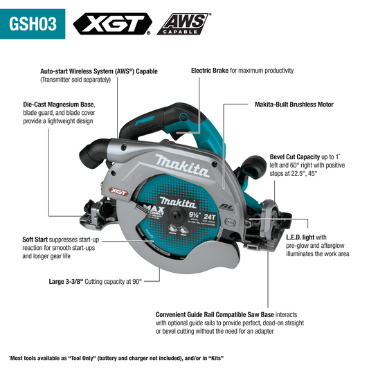 Makita 40V Max XGT 9‑1/4" Circular Saw with Guide Rail Compatible Base (Bare Tool) - GSH03Z