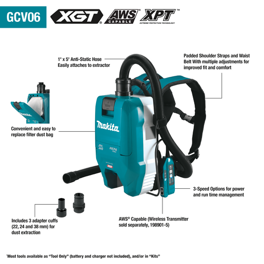 Makita 40V max XGT Brushless Cordless 1/2 Gallon HEPA Filter Backpack Dry Dust Extractor, AWS Capable, Tool Only - GCV06Z