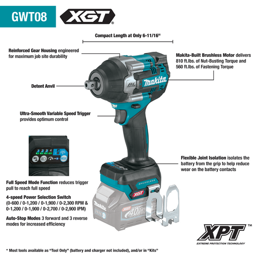 Makita 40V Max XGT Brushless Cordless 4‑Speed Mid‑Torque 1/2" Sq. Drive Impact Wrench w/ Detent Anvil (Bare Tool) - GWT08Z