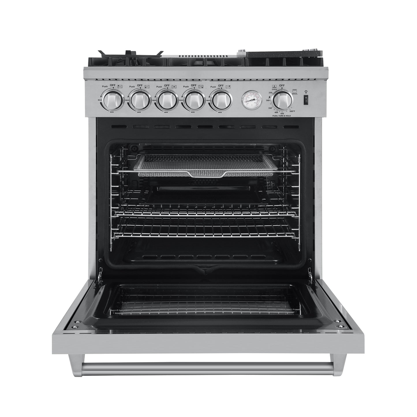 Forno 4-Piece Appliance Package - 30-Inch Gas Range with Air Fryer, Refrigerator, 24-Inch Microwave Drawer, & 3-Rack Dishwasher in Stainless Steel - AP4-6276-30-MWD