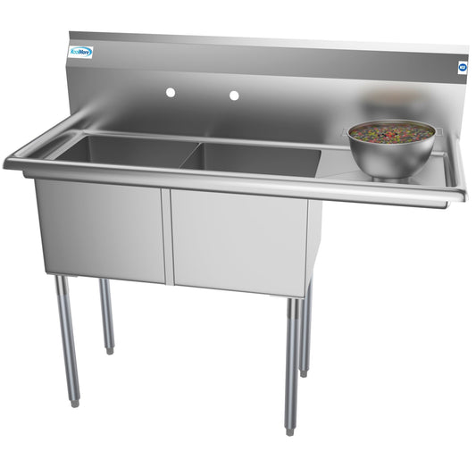 KOOLMORE 48 in. Two Compartment Stainless Steel Commercial Sink with Drainboard, Bowl Size 15"x 15"x 12" -  SB151512-15R3.