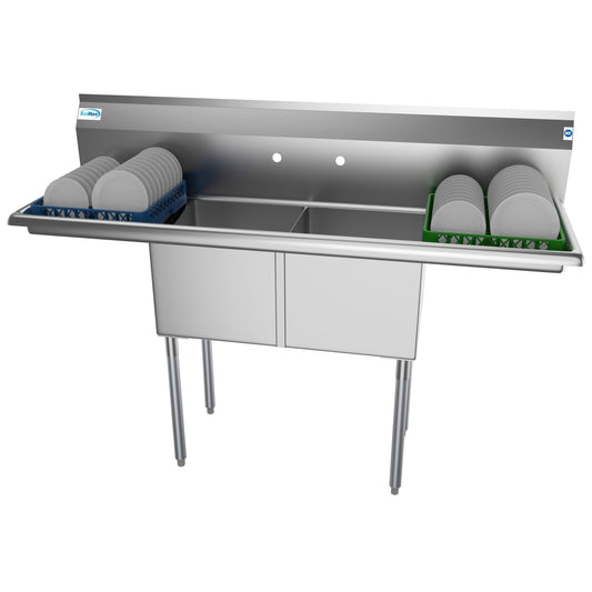 KOOLMORE 60 in. Two Compartment Stainless Steel Commercial Sink with 2 Drainboards, Bowl Size 15"x 15"x 12" -  SB151512-15B3.