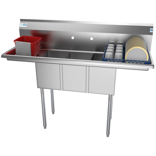KOOLMORE 54 in. Three Compartment Stainless Steel Commercial Sink with Drainboards, Bowl Size 10"x 14"x 10"  - SC101410-12B3.