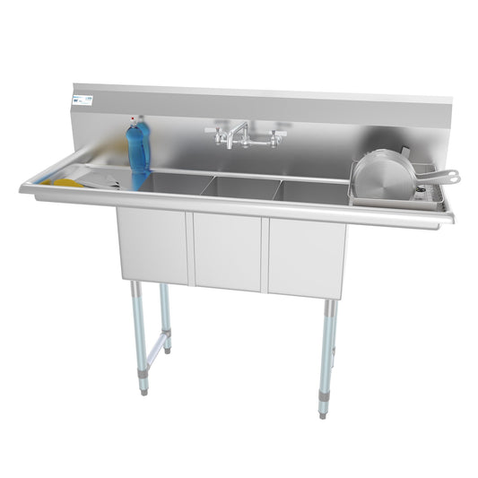 KOOLMORE 54 in. Three Compartment Stainless Steel Commercial Sink with Faucet and Drainboards, Bowl Size 10"x 10"x 14"  - SC101410-12B3FA .