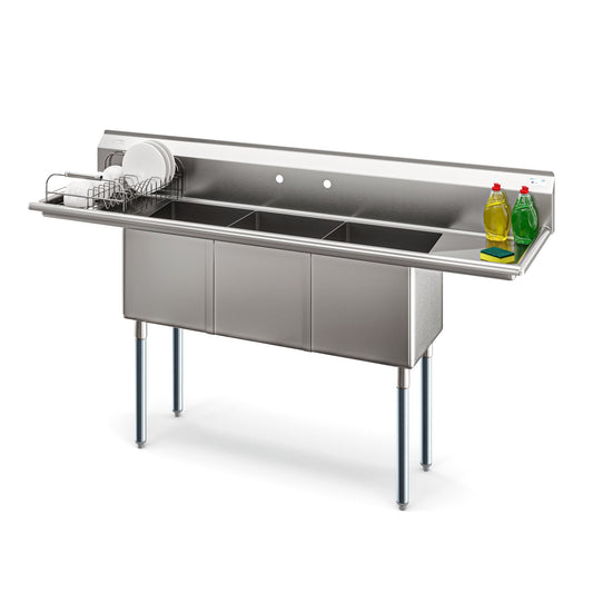 KOOLMORE 75 in Three Compartment Commercial Sink, Bowl Size 15x15x14, 16 Gauge Stainless-Steel with 2 Drainboards  - KM-SC151514-15B316