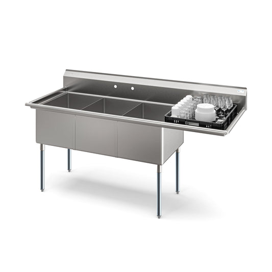 KOOLMORE KMSC18241424R3 81 in. Three Compartment Commercial Sink Bowl Size 18x24x14 Stainless-Steel 18 Gauge with Right Drainboard  - KM-SC182414-24R3