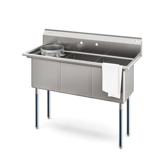 KOOLMORE KMSC151514N3 51 in. Three Compartment Commercial Sink, Bowl Size 15x15x14, 18 Gauge Stainless-Steel  - KM-SC151514-N3