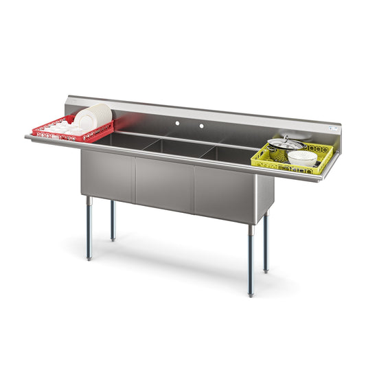 KOOLMORE 90 in. Three Compartment Commercial Sink Bowl Size 18x18x14 18-Gauge Stainless-Steel with 2 Drainboards  - KM-SC181814-18B3