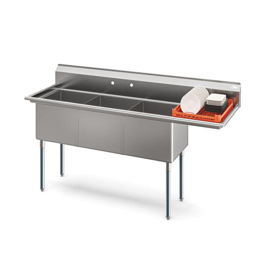 KOOLMORE 75 in. Three Compartment Commercial Sink Bowl Size 18x18x14 Stainless-Steel 18 Gauge with Right Drainboard  - KM-SC181814-18R3