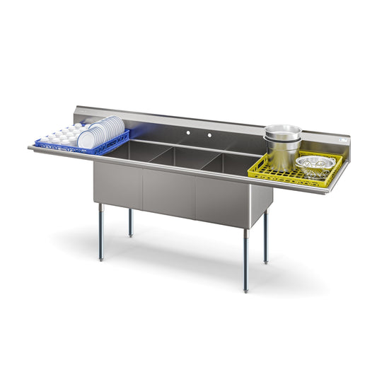 KOOLMORE KMSC18241424B3 102 in. Three Compartment Commercial Sink Bowl Size 18x24x14 Stainless-Steel 18 Gauge with Two Drainboards  - KM-SC182414-24B3