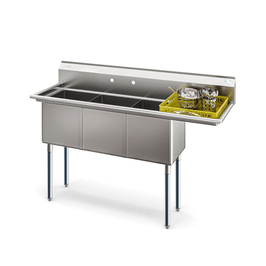 KOOLMORE 63 in Three Compartment Commercial Sink, Bowl Size 15x15x14, 18-Gauge Stainless-Steel with Right Drainboard  - KM-SC151514-15R3