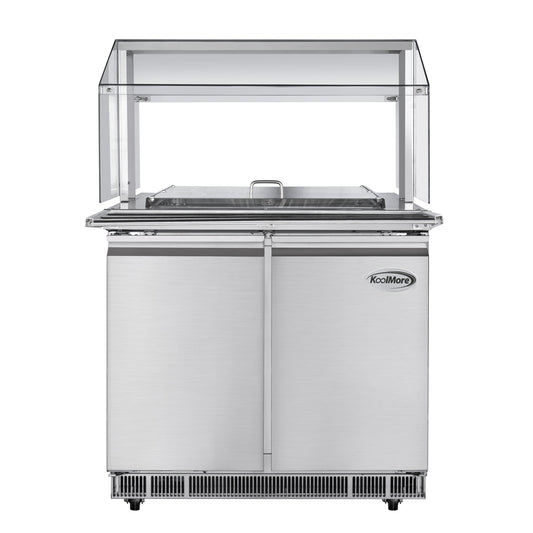 KOOLMORE 36 in. Commercial Refrigerated Prep Station with Sneeze Guard and Buffet Slide, 6-Pan (Not Included) with Cover Capacity and Two Adjustable Shelves in Stainless Steel, ETL Listed  - KM-RBT-36CSFG