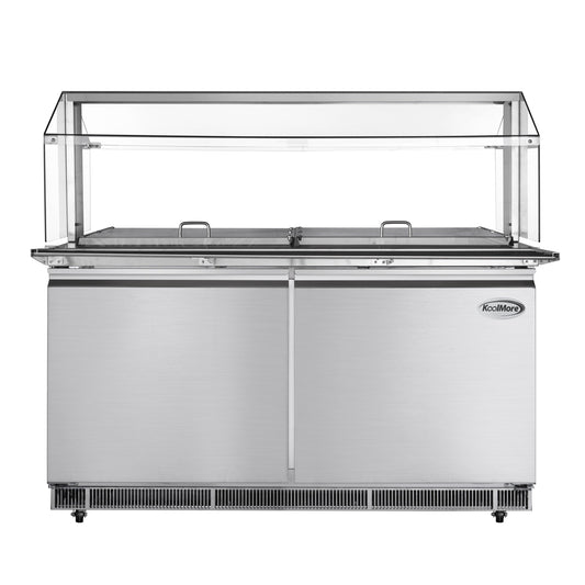 KOOLMORE 60 in. Commercial Refrigerated Prep Station with Sneeze Guard and Buffet Slide, 12-Pan Capacity with Covers and Two Adjustable Shelves in Stainless-Steel, ETL Listed  - KM-RBT-60CSFG