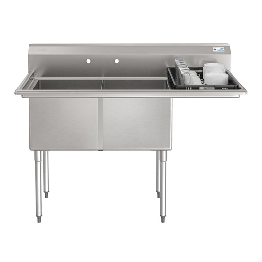 KOOLMORE 57 in. 18-Gauge 2-Compartment Commercial Sink with Backsplash and 18 in. Right Drainboard, Bowl Dimensions 18"x18"x14" in Stainless-Steel  - KM-SB181814-18R3