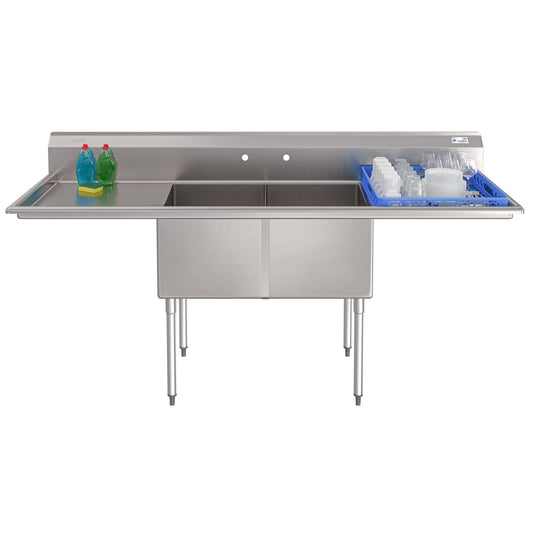 KOOLMORE 84 in. 18-Gauge 2-Compartment Commercial Sink with Backsplash and 24 in. Dual Drainboards, Bowl dimensions 18"x24"x14" in Stainless-Steel  - KM-SB182414-24B3