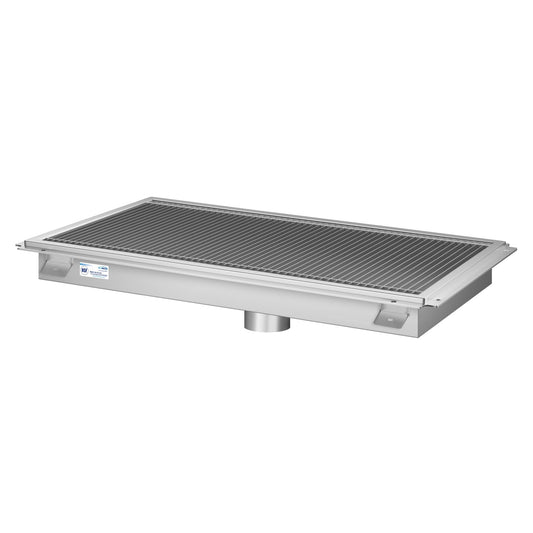 KOOLMORE 18" x 36" Stainless Steel Floor Trough Drain, 14-Gauge with Subway-Style Grating & Removable Drain Basket, NSF Listed - KMFTG1836