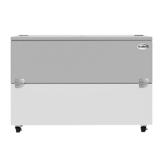 KOOLMORE 58 in. Commercial Milk Cooler for School and Cafeteria, 16 Crate Capacity with Heavy Duty Casters in Stainless Steel and White  - KMMC58HDC