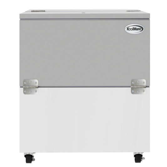 KOOLMORE 34 in. Commercial Milk Cooler for School and Cafeteria, 8 Crate Capacity with Heavy Duty Casters in Stainless Steel and White  - KMMC34HDC