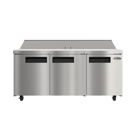 KOOLMORE 70" Commercial 3 Door Refrigerated Salad and Sandwich Prep Table, 18 Pan Capacity and 22 Cubic Feet of Storage - KMPTR703D