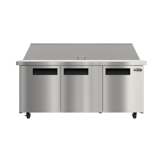 KOOLMORE 70" Commercial 3 Door Refrigerated Mega Salad and Sandwich Prep Table, 30 Pan Capacity and 22 Cubic Feet of Storage - KMMPTR703D