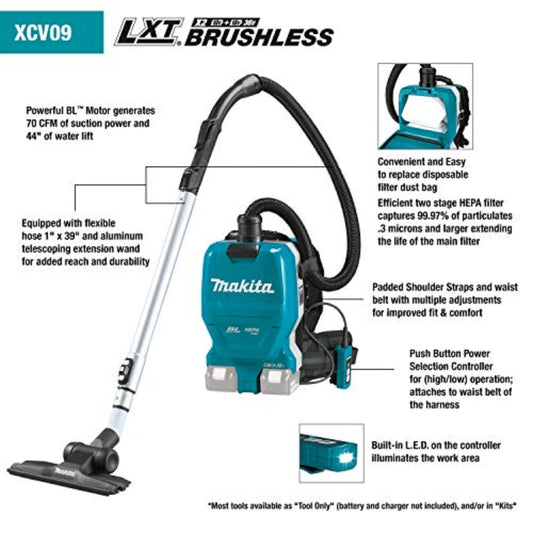 Makita 18V X2 LXT Lithium-Ion (36V) Brushless Cordless 1/2 Gallon HEPA Filter Backpack Dry Vacuum Kit  - XCV09PT