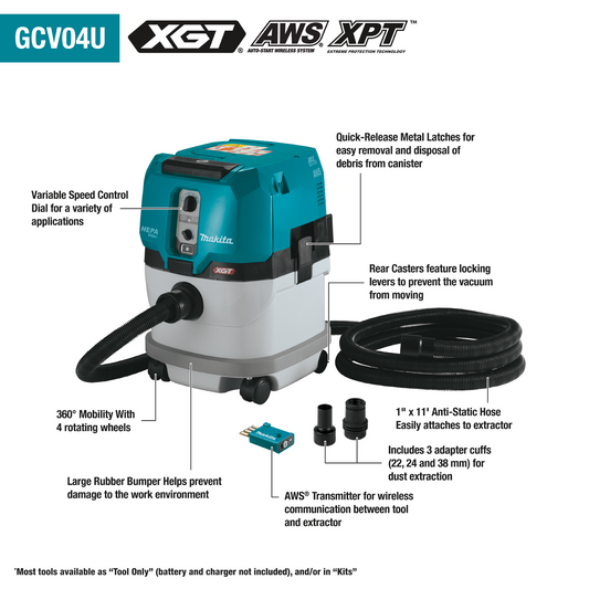 Makita 40V MAX XGT Brushless Lithium-Ion Cordless 4 Gallon HEPA Filter Dry Dust Extractor Kit with 2 Batteries (4 Ah) - GCV04PMUX
