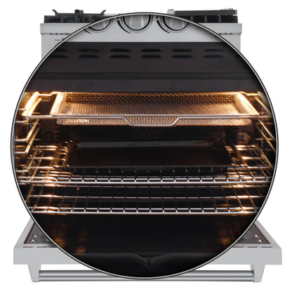 Forno 4-Piece Appliance Package - 30-Inch Dual Fuel Range with Air Fryer, Refrigerator, Wall Mount Hood, & 3-Rack Dishwasher in Stainless Steel - APR4-6196-30-H