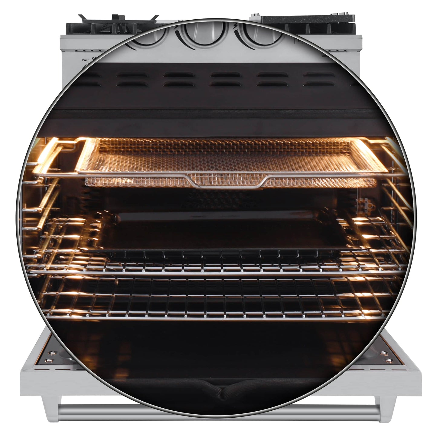 Forno 5-Piece Appliance Package - 30-Inch Gas Range with Air Fryer, Refrigerator with Water Dispenser, Wall Mount Hood, 24-Inch Microwave Drawer, & 3-Rack Dishwasher in Stainless Steel - APW5-6276-30-H-MWD