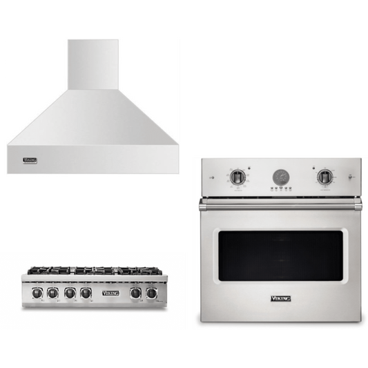 Viking 3-Piece Package 36 Inch Gas Rangetop and 30 Inch Single Wall Ove and 36 Inch Wall Mount Range Hoo - VSOE530SS
