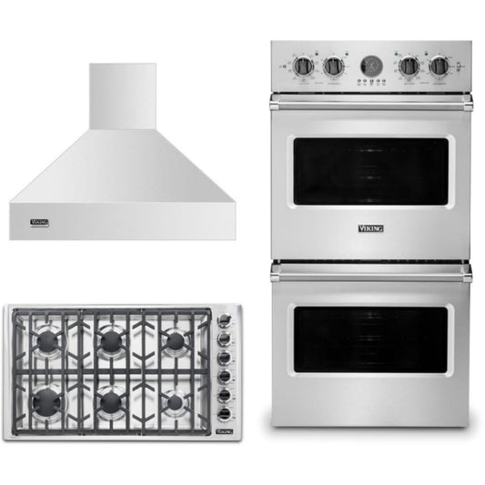 Viking 3-Piece Package 36 Inch Professional 5 Series Gas Cooktop and 27 Inch Double Convection Electric Wall Ove and 36 Inch Wall Mount Range Hoo - VDOE527SS