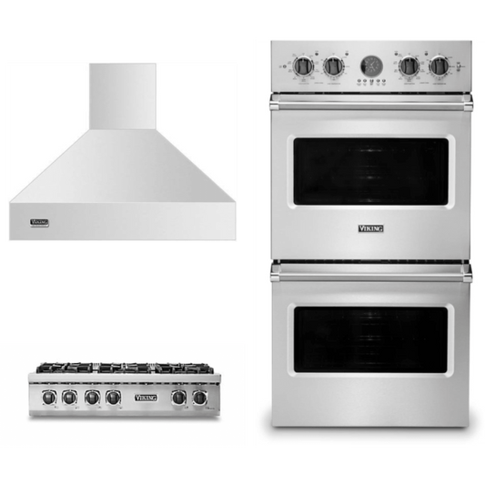 Viking 3-Piece Package 36 Inch Gas Rangetop and 27 Inch Double Convection Electric Wall Ove and 36 Inch Wall Mount Range Hoo - VDOE527SS