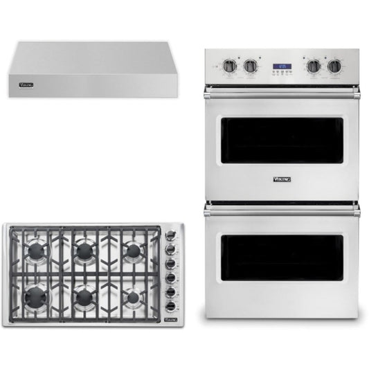 Viking 3-Piece Package 36 Inch Professional 5 Series Gas Cooktop and 30 Inch Built-In Double Electric Wall Ove and 36 Inch Wall Mount Range Hoo - VDOE130SS