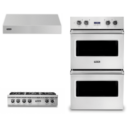Viking 3-Piece Package 36 Inch Gas Rangetop and 30 Inch Built-In Double Electric Wall Ove and 36 Inch Wall Mount Range Hoo - VRT5366BSS