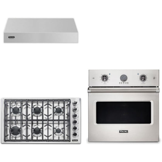 Viking 3-Piece Package 36 Inch Gas Rangetop and 30 Inch Single Wall Ove and 36 Inch Wall Mount Range Hoo - VSOE530SS