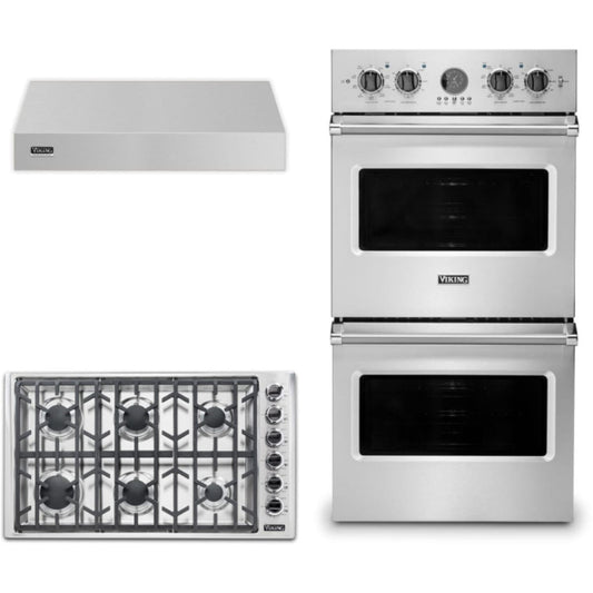 Viking 3-Piece Package 36 Inch Professional 5 Series Gas Cooktop and 27 Inch Double Convection Electric Wall Ove and 36 Inch Wall Mount Range Hoo - VGSU53616BSSLP