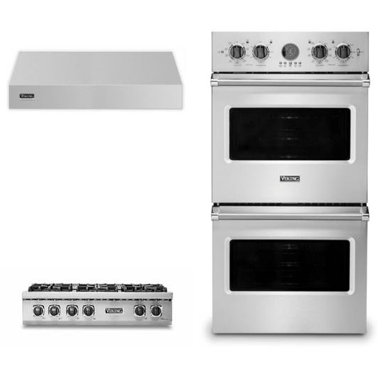 Viking 3-Piece Package 36 Inch Gas Rangetop and 30 Inch Built-In Double Electric Wall Ove and 36 Inch Wall Mount Range Hoo - VRT5366BSS
