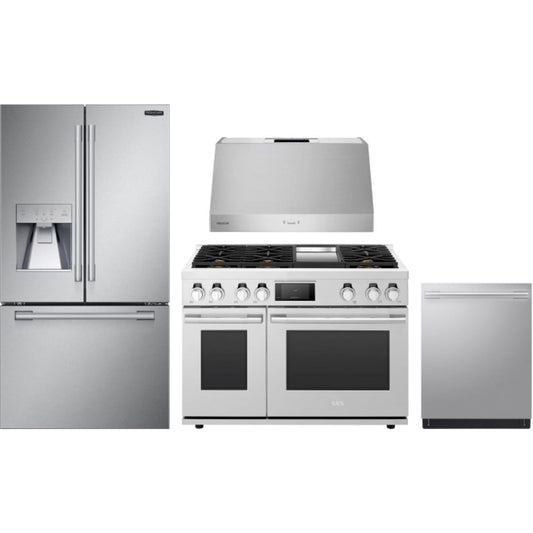 SKS 4-Piece Package SKSFD3623SD 36 Inch Counter-Depth French Door Refrigerator and SKSGR480GS 48 Inch Freestanding Gas Pro Smart Range and SKSPH3602S 36 Inch Pro-Style Wall Hood and SKSDW2411S 24 Inch Fully Integrated Smart Dishwasher