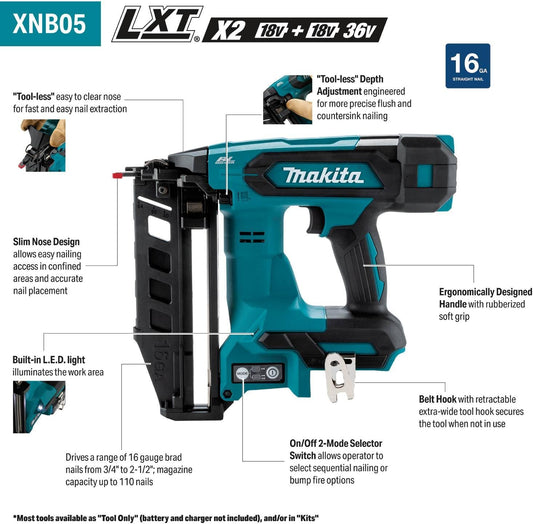 Makita 18V LXT Lithium-Ion Brushless Cordless 2-1/2" Straight Finish Nailer, 16 Ga. (Tool Only) - XNB05Z