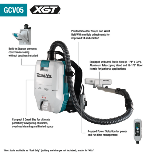 Makita 40V max XGT Brushless Cordless 2 Quart HEPA Filter Backpack Dry Vacuum, Tool Only - GCV05ZX