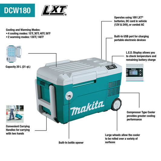 Makita 18V LXT Lithium-Ion 12V/24V DC Auto and AC Cooler/Warmer (Bare Tool) - DCW180Z