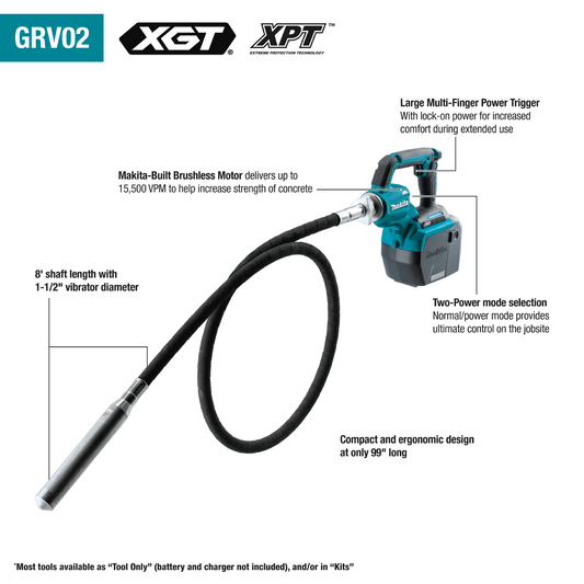 Makita 40V max XGT Brushless Cordless 8' Concrete Vibrator, Tool Only - GRV02Z