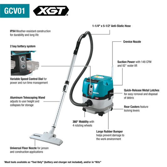 Makita 40V Max XGT Brushless Cordless 2.1 Gallon Wet/Dry Dust Extractor/Vacuum (Bare Tool) - GCV01Z