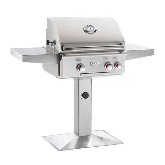 AOG American Outdoor Grill Natural Gas 24-Inch T-Series 2-Burner Grill w/ Side Burner, Rotisserie Backburner and High Performance Rotisserie Kit on Pedestal - 24NPT