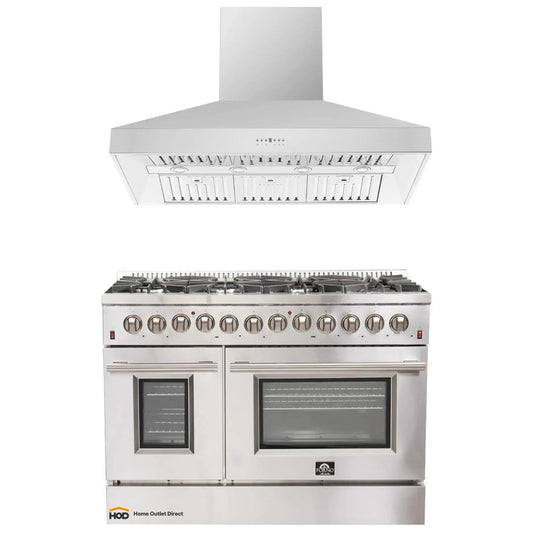 Forno 2-Piece Appliance Package - 48-Inch Dual Fuel Range & Wall Mount Hood in Stainless Stee - AP2-6156-48l