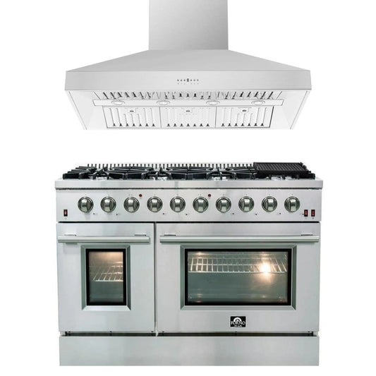 Forno 2-Piece Appliance Package - 48-Inch Gas Range & Wall Mount Hood in Stainless Steel - AP2-6244-48