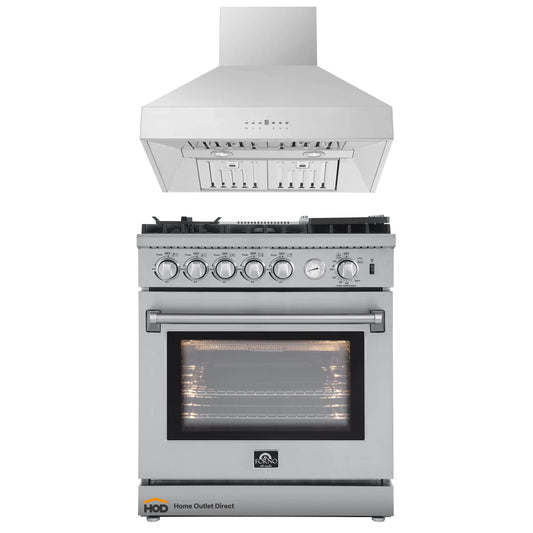 Forno 2-Piece Appliance Package - 30-Inch Gas Range with Air Fryer & Wall Mount Hood in Stainless Steel - AP2-6276-30