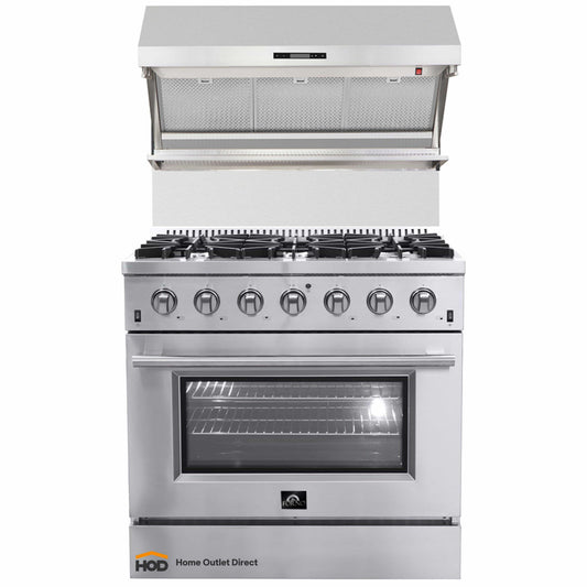 Forno 2-Piece Appliance Package - 36-Inch Gas Range & Wall Mount Hood with Backsplash in Stainless Steel - APH2-6244-36