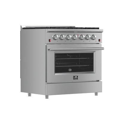Forno 5-Piece Appliance Package - 36-Inch Gas Range, Wall Mount Range Hood, 60-Inch Refrigerator, Dishwasher, and 30-Inch Microwave Oven in Stainless Steel - AP5-6244-36-5095-60S-30MO